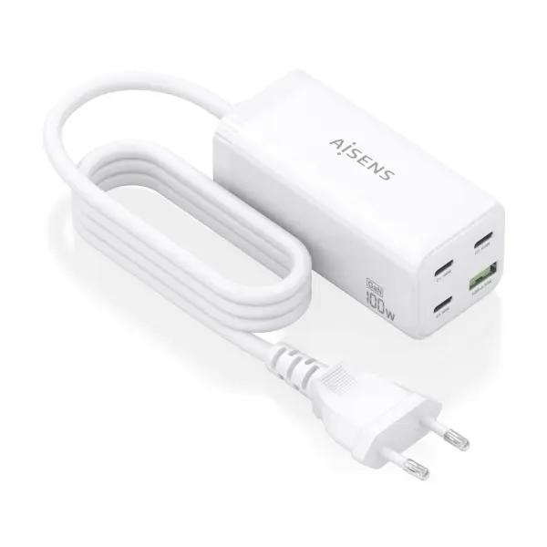 Aisens Cargador GAN 100W - 3xUSB-C PD3.0, QC4.0, QC5.0 - 1xUSB-A QC3.0 - Cable 1.4 Metros - Color Bl