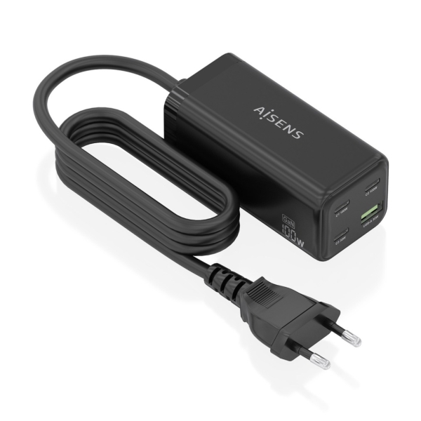 Aisens Cargador GAN 100W - 3xUSB-C PD3.0, QC4.0, QC5.0 - 1xUSB-A QC3.0 - Cable 1.4 Metros - Color Ne