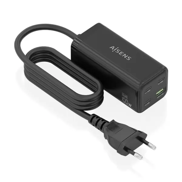 Aisens Cargador GAN 100W - 3xUSB-C PD3.0, QC4.0, QC5.0 - 1xUSB-A QC3.0 - Cable 1.4 Metros - Color Ne