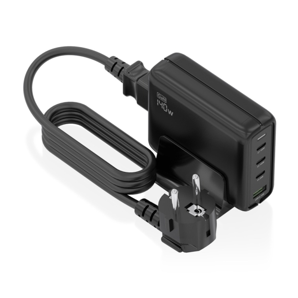 Aisens Cargador GAN 140W - 3xUSB-C PD3.0, QC4.0, QC5.0 - 1xUSB-A QC3.0 - Cable 1.4 Metros - Color Ne