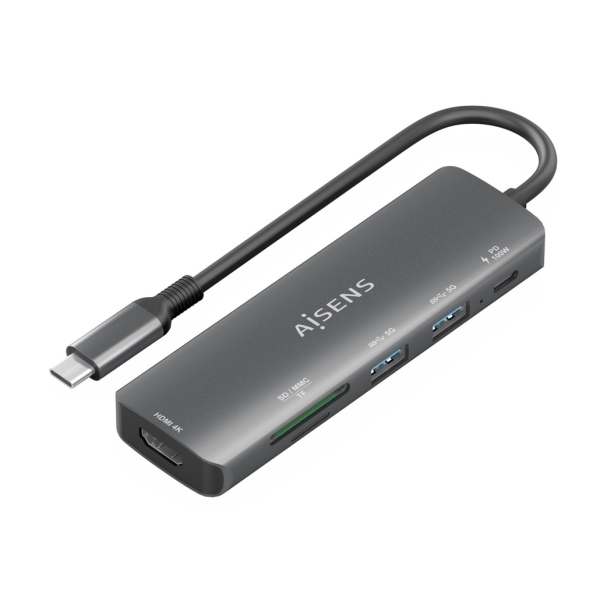 Aisens USB-C Dock 6 en 1 - USB-C a 1xHDMI - 2xUSB-A - 1xUSB-C PD 100W - 1xSD - 1xMicroSD - 15cm - Co
