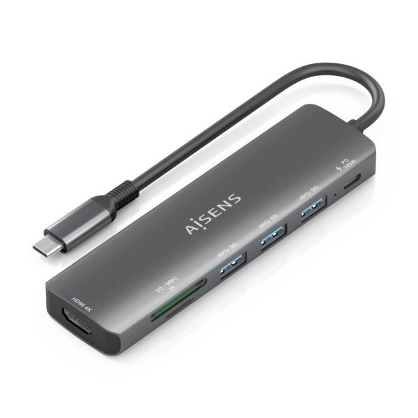 Aisens USB-C Dock 7 en 1 - USB-C a 1xHDMI - 3xUSB-A - 1xUSB-C 100W - 1xSD - 1xMicroSD - 15cm - Color