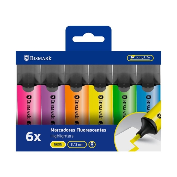 Bismark Pack de 6 Marcadores Fluorescentes - Punta Biselada 2 - 5mm Aprox - Tinta Base de Agua - Lar