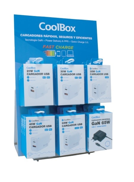Coolbox Expositor con 18 Cargadores GaN - Quick Charge 3.0 - Power Delivery