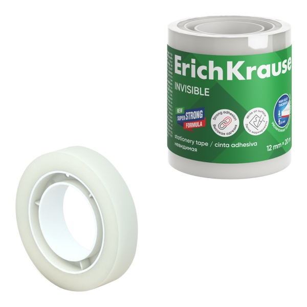 ErichKrause Cinta Adhesiva Invisible 12mmx20m - Superficie Mate - Apta para Escribir Encima - Transp