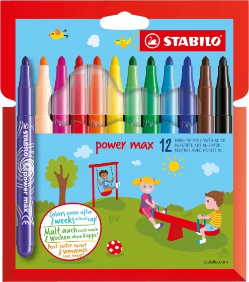 Stabilo Power Max Pack de 12 Rotuladores de Punta Gruesa - Trazo 3mm - Tinta Lavable - No se Seca - 