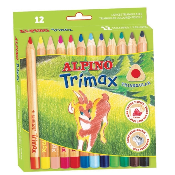 Alpino Trimax Pack de 12 Lapices de Colores Triangulares Gruesos + Sacapuntas - Mina de 5.4mm - Resi