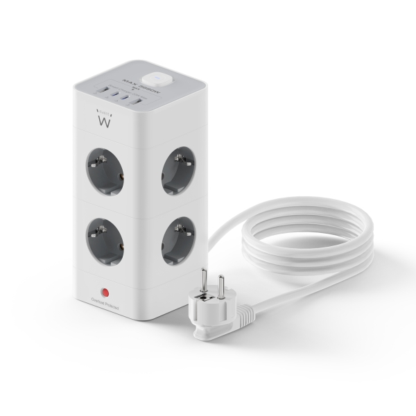 Ewent Regleta con 12 Tomas de Sobremesa - 8x Schuko 16A - 2x USB-A - 2x USB-C - Interruptor On/Off -