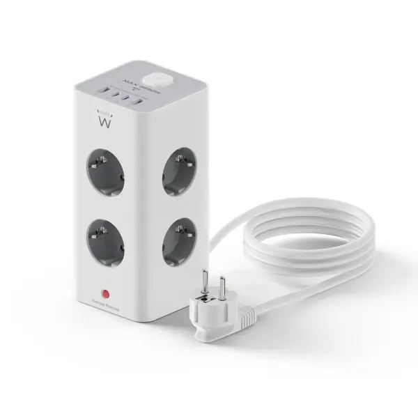 Ewent Regleta con 12 Tomas de Sobremesa - 8x Schuko 16A - 2x USB-A - 2x USB-C - Interruptor On/Off -