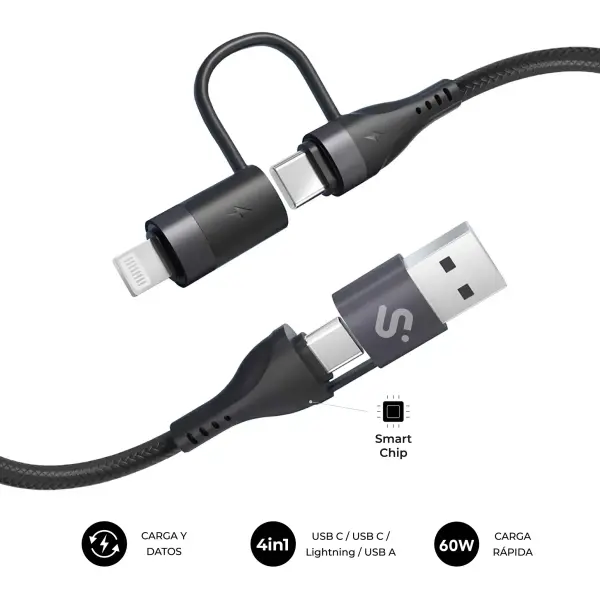 Subblim Cable Top 4 en 1 - USB-A USB-C Lightning - 60W - Nylon Trenzado - Carga Rapida - 1 Metro