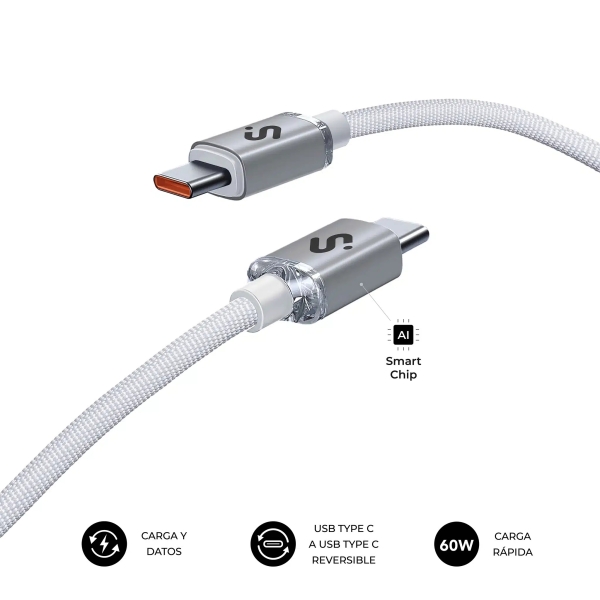 Subblim Cable Optimus USB-C - 60W - Nylon Trenzado - 480Mbps - 2 Metros - Color Blanco