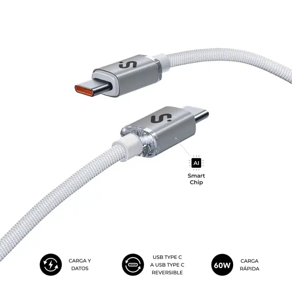 Subblim Cable Optimus USB-C - 60W - Nylon Trenzado - 480Mbps - 2 Metros - Color Blanco