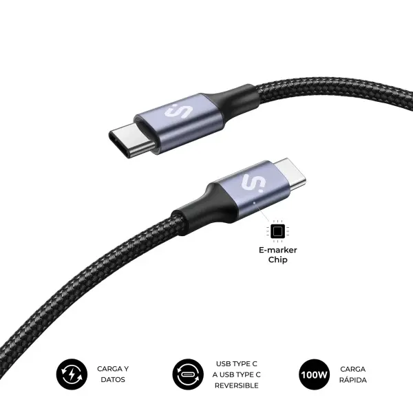 Subblim Cable Plus USB-C - 100W - Nylon Trenzado - 480Mbps - Chip E-Marker - 1 Metro - Color Negro