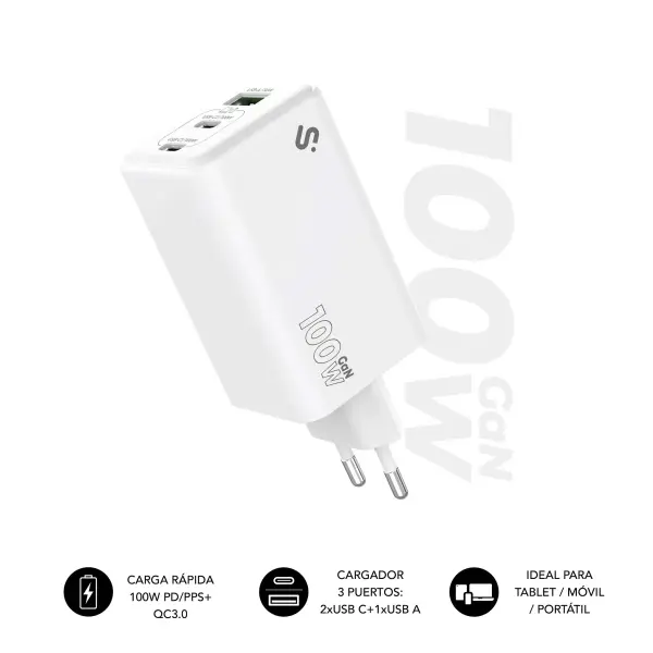 Subblim Cargador de Pared GaN 100W - 3 Puertos (2xUSB-C + 1xUSB-A) -  Carga ultra rápida - Color Bl