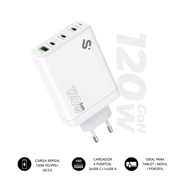 Subblim Cargador de Pared GaN 120W - 4 Puertos (3xUSB-C + 1xUSB-A) -  Carga ultra rápida - Color Bl