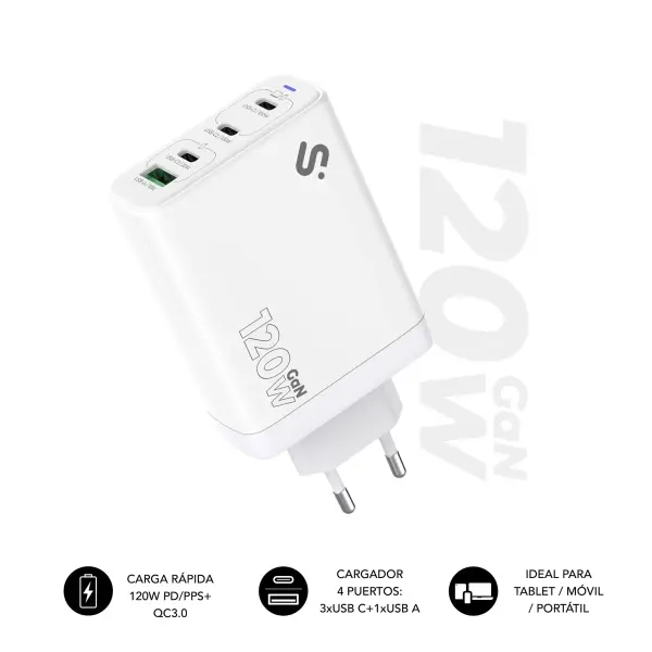 Subblim Cargador de Pared GaN 120W - 4 Puertos (3xUSB-C + 1xUSB-A) -  Carga ultra rápida - Color Bl