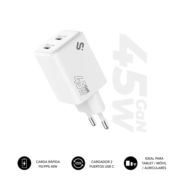 Subblim Cargador de Pared GaN 45W - 2xUSB-C -  Carga Ultra rápida - Color Blanco