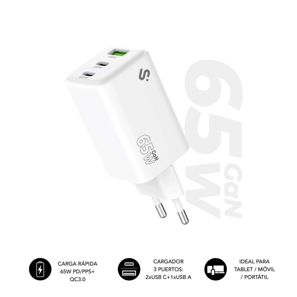 Subblim Cargador de Pared GaN 65W - 3 Puertos (2xUSB-C + 1xUSB-A) -  Carga ultra rápida - Color Bla