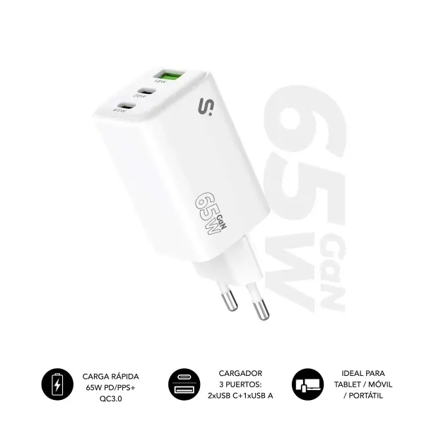 Subblim Cargador de Pared GaN 65W - 3 Puertos (2xUSB-C + 1xUSB-A) -  Carga ultra rápida - Color Bla