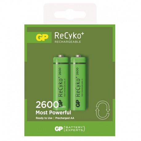 GP ReCyko Pack de 2 Pilas Recargables 2600mAh AA 1.2V - Precargadas - Ciclo de Vida: Hasta 1.000 Vec