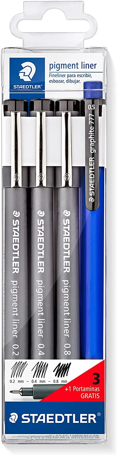 Staedtler Pigment Liner 308 Pack de 3 Rotuladores Calibrados + 1 Portaminas - Secado Rapido - Color 