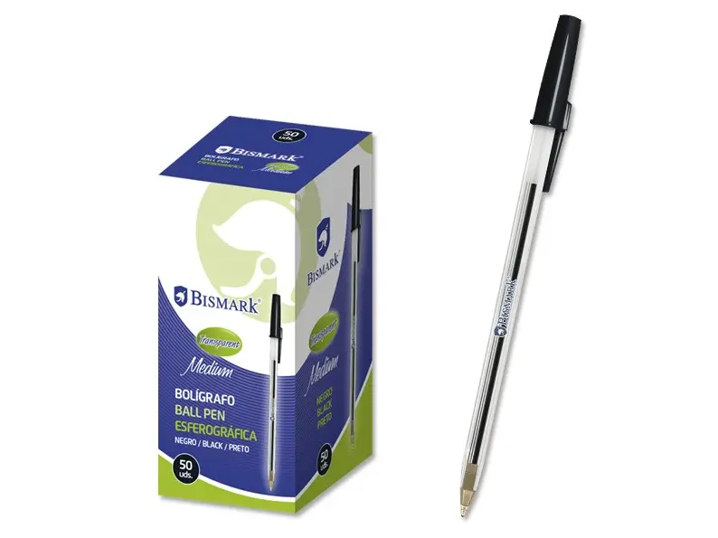 Bismark Boligrafo de Bola - Punta Redonda - Capuchon y Tapon del Color de la Tinta - Color Negro