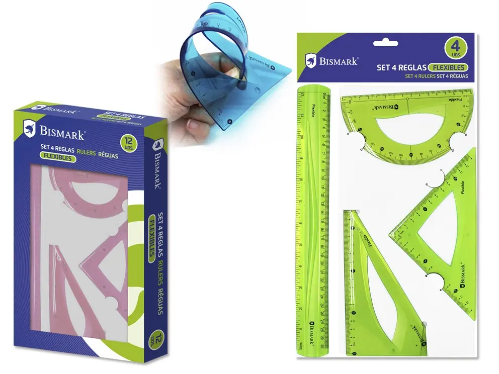 Bismark Pack de 4 Reglas Flexibles - Regla Recta - Transportador - Escuadra - Cartabon - Colores Sur