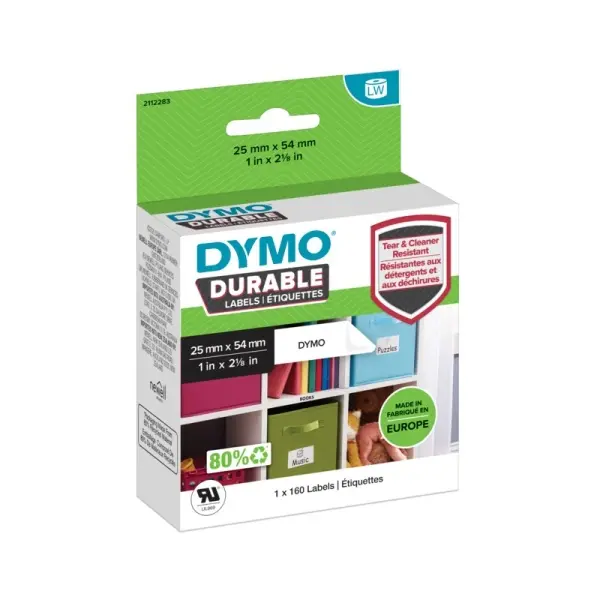 Dymo Durable Pack de 160 Etiquetas Originales para Rotuladora - Texto Negro sobre Fondo Blanco - 25m
