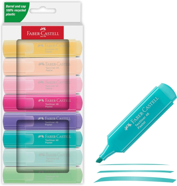 Faber-Castell Textliner 46 Pastel Pack de 8 Marcadores Fluorescentes - Punta Biselada - Trazo entre 