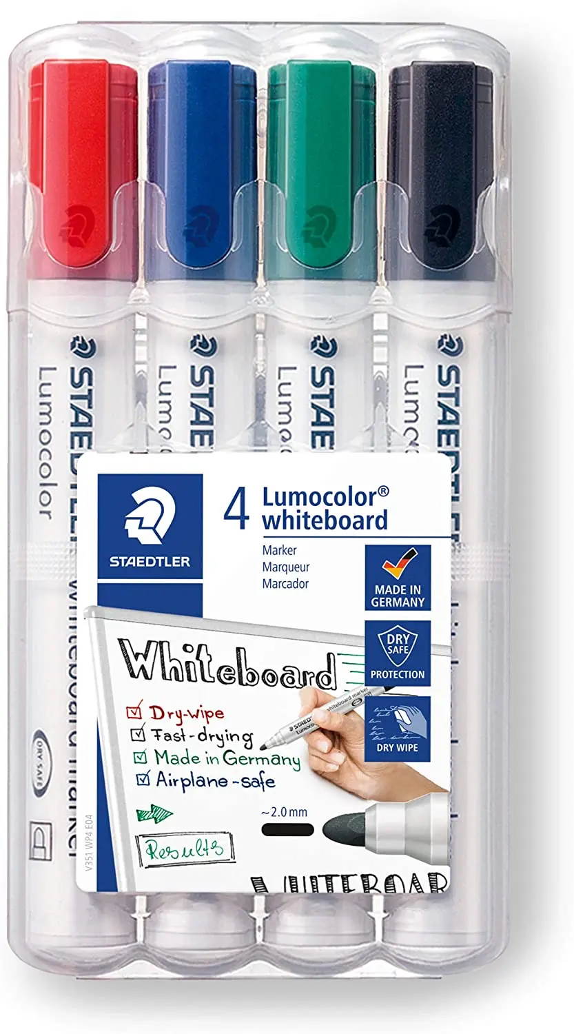 Staedtler Lumocolor 351 Pack de 4 Marcadores para Pizarra Blanca - Secado Rapido - Colores Surtidos