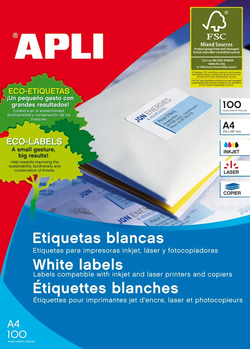 Apli Etiquetas Permanentes Blancas 210 x 297 mm - 100 Hojas