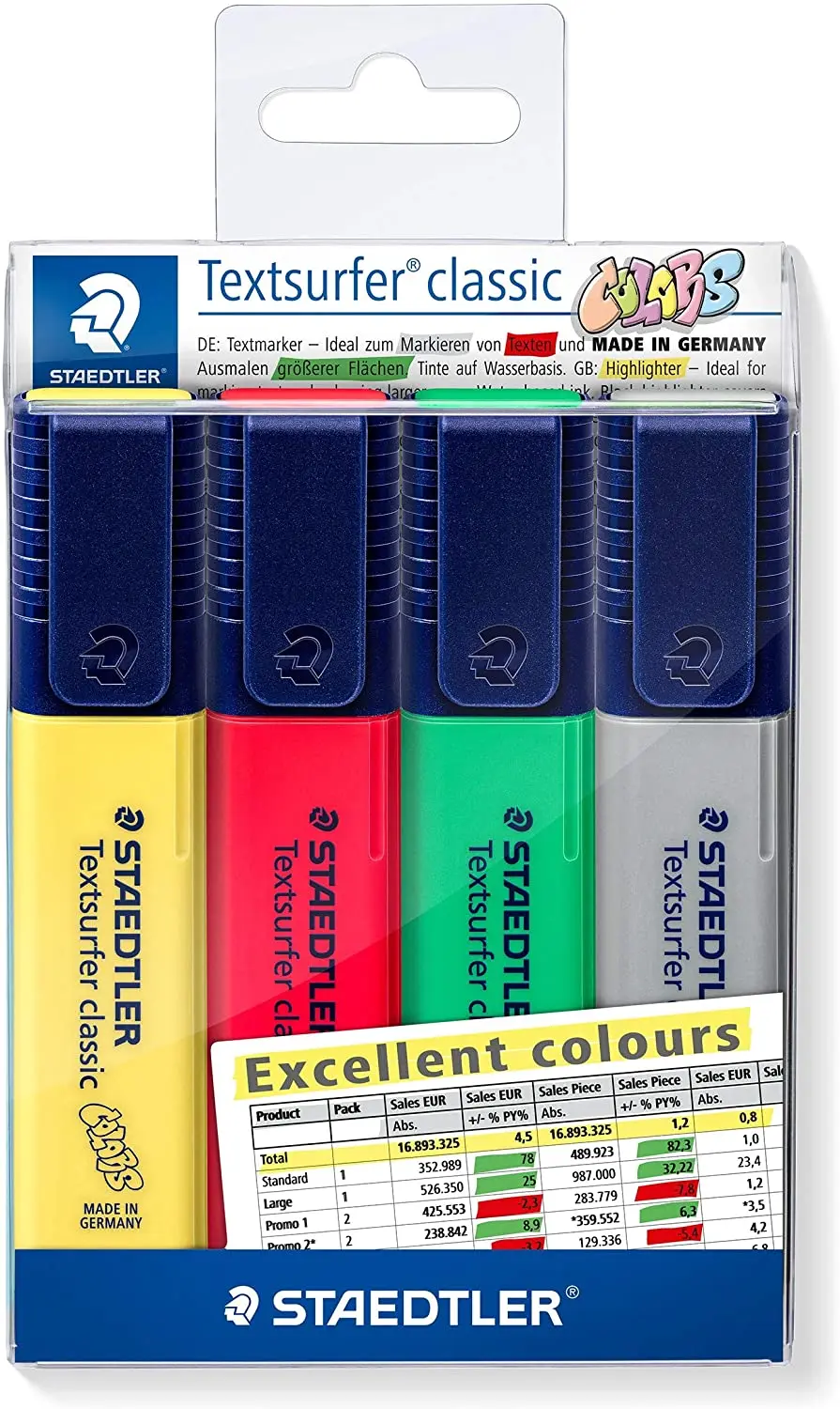 Staedtler Textsurfer Classic 364 Pack de 4 Marcadores Fluorescentes - Punta Biselada 1 - 5mm Aprox -