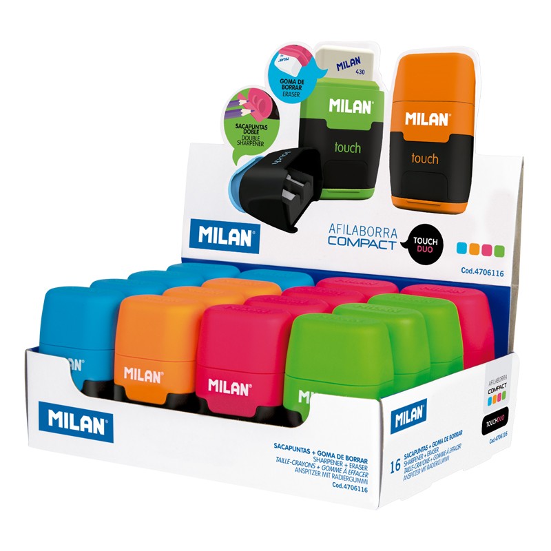 Milan Compact Fluo Expositor de 16 Afilaborras - Uso Estandar y Maxi - Cuchilla de Acero - Goma de B