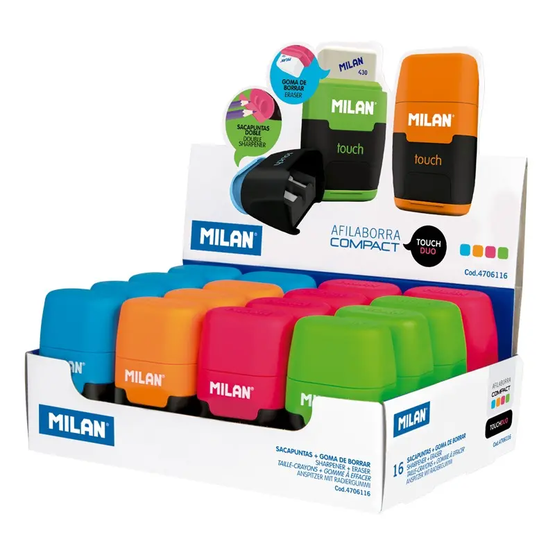 Milan Compact Fluo Expositor de 16 Afilaborras - Uso Estandar y Maxi - Cuchilla de Acero - Goma de B