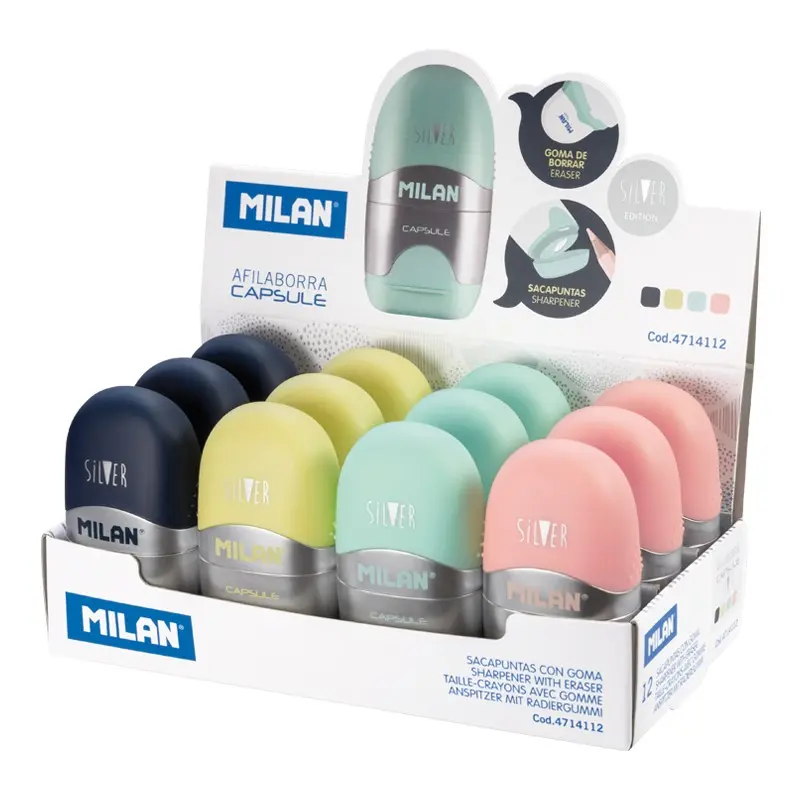 Milan Capsule Silver Expositor de 12 Afilaborras - Cuchilla de Acero - Goma de Borrar - Cuchilla de 