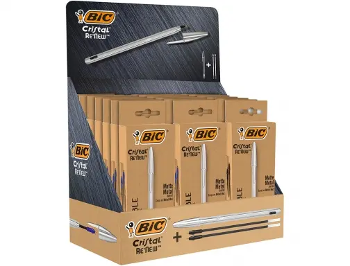 Bic Cristal Re�new Expositor de 21 Boligrafos de Bola con Cuerpo Metalico + 2 Recambios - 15 Tinta A