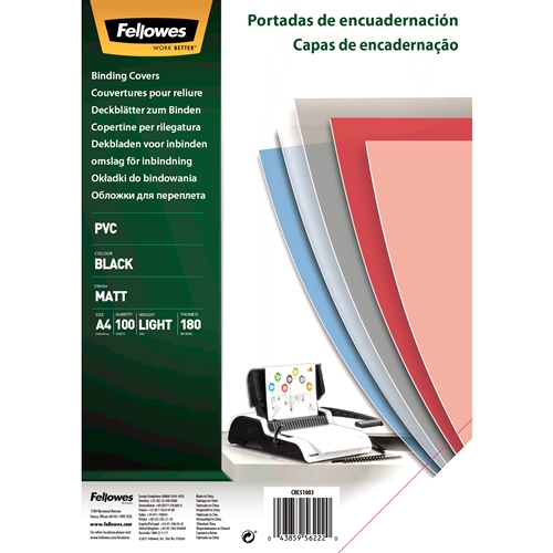Fellowes Pack de 100 Portadas para Encuadernar de PVC A4 - 180 Micras - Acabado de Calidad - Color N