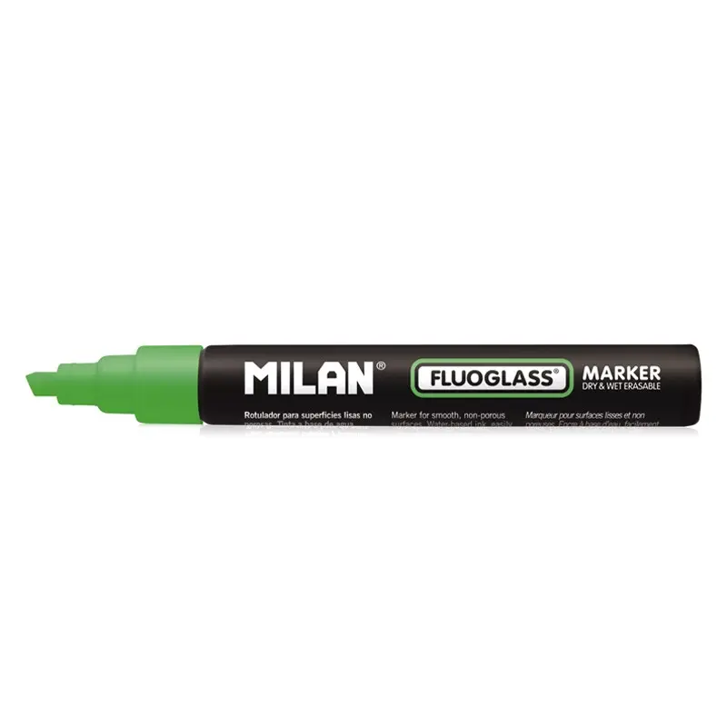 Milan Fluoglass Rotulador Superficies Lisas - Punta Biselada - Trazo de 2 - 4mm - Tinta al Agua - Bo