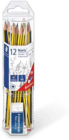 Staedtler Noris 120 Pack de 12 Lapices de Grafito Hexagonales + Goma de Borrar - Mina HB Ultrarresis