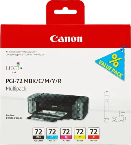 Canon PGI72 Pack de 5 Cartuchos de Tinta Originales - Negro Mate, Cyan, Magenta, Amarillo, Rojo - 64