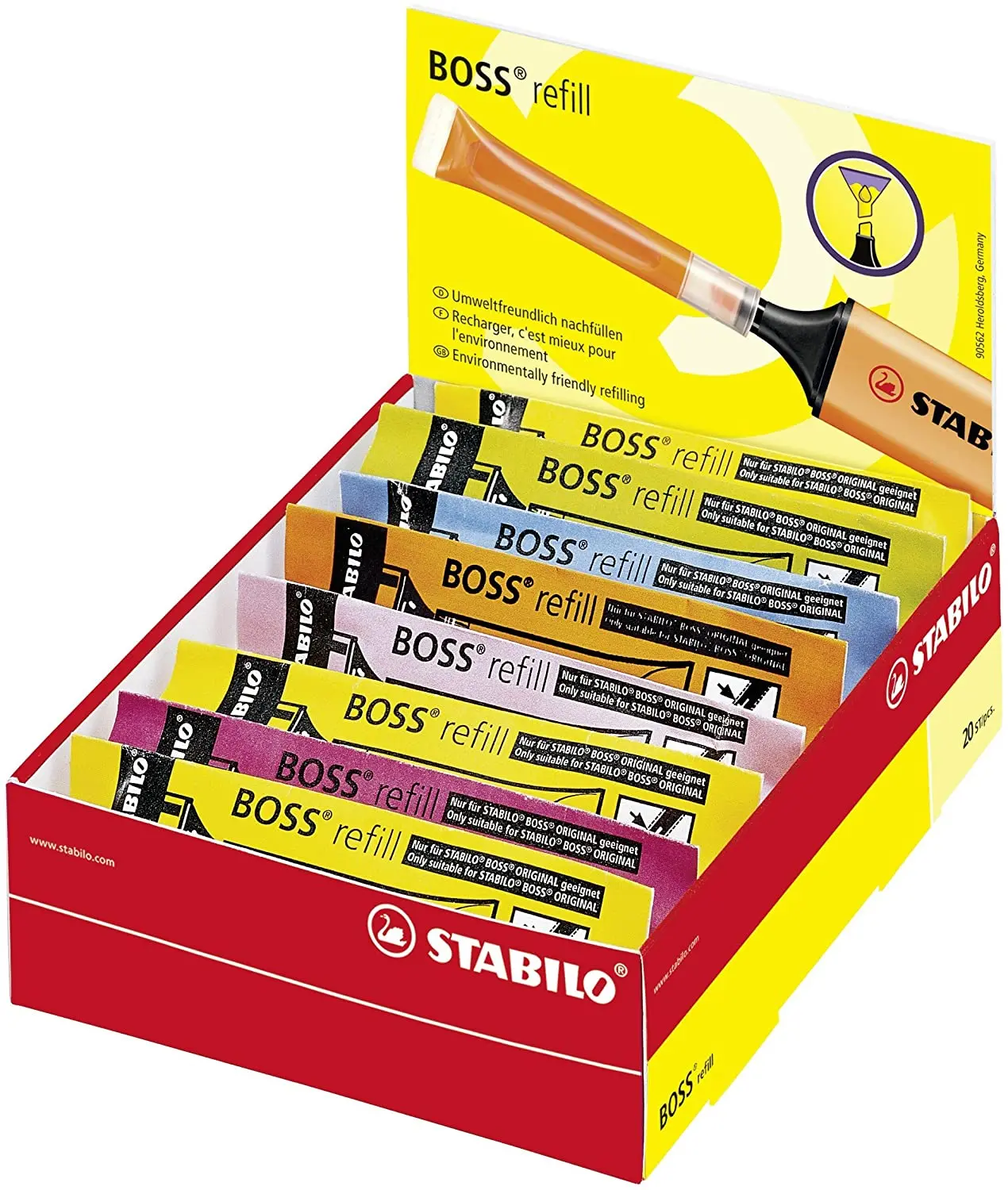 Stabilo Boss 70 Pack de 20 Recargas de 3ml para Marcador Fluorescente - Tinta con Base de Agua - Col