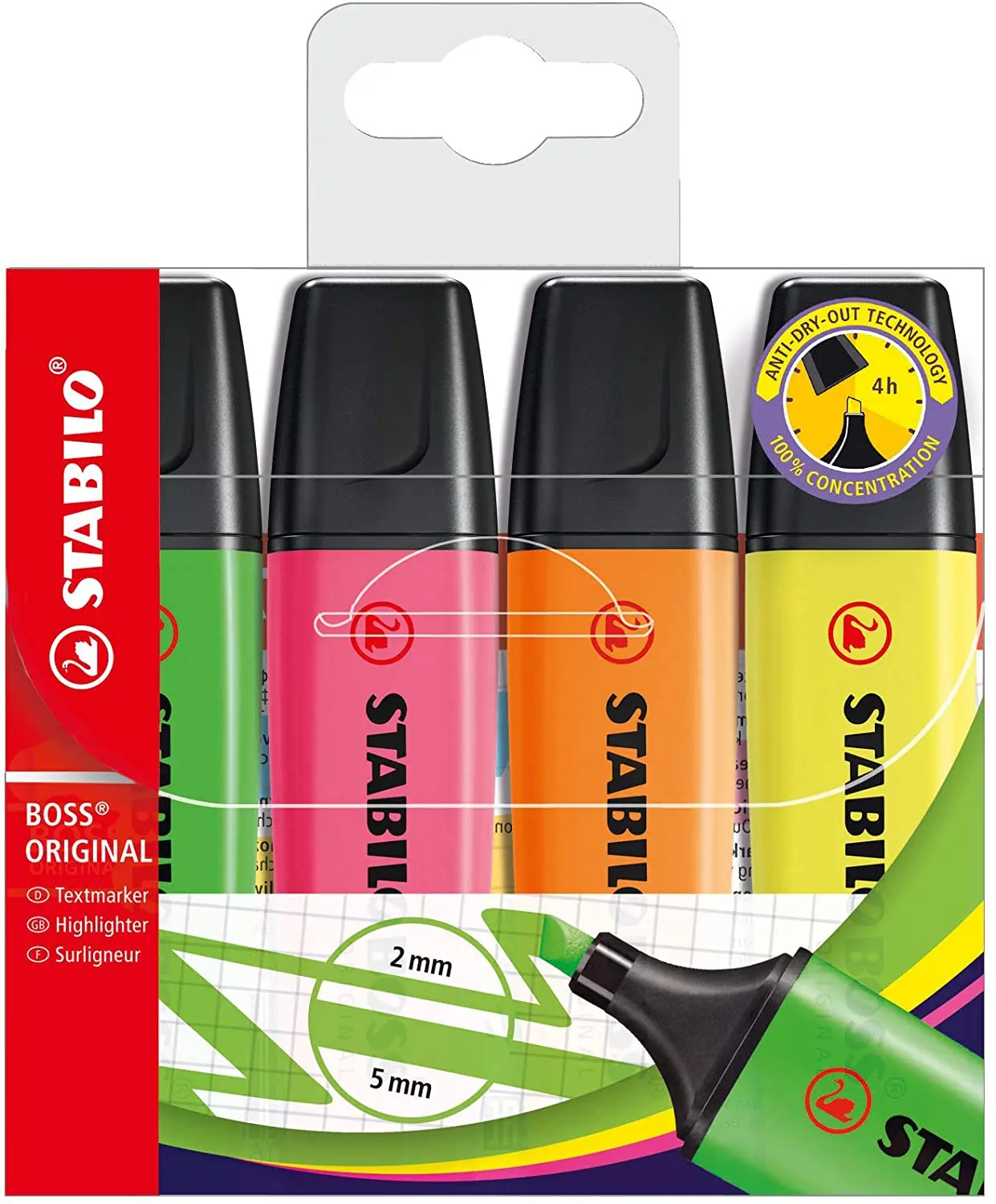 Stabilo Boss 70 Pack de 4 Marcadores Fluorescentes - Trazo entre 2 y 5mm - Recargable - Tinta con Ba