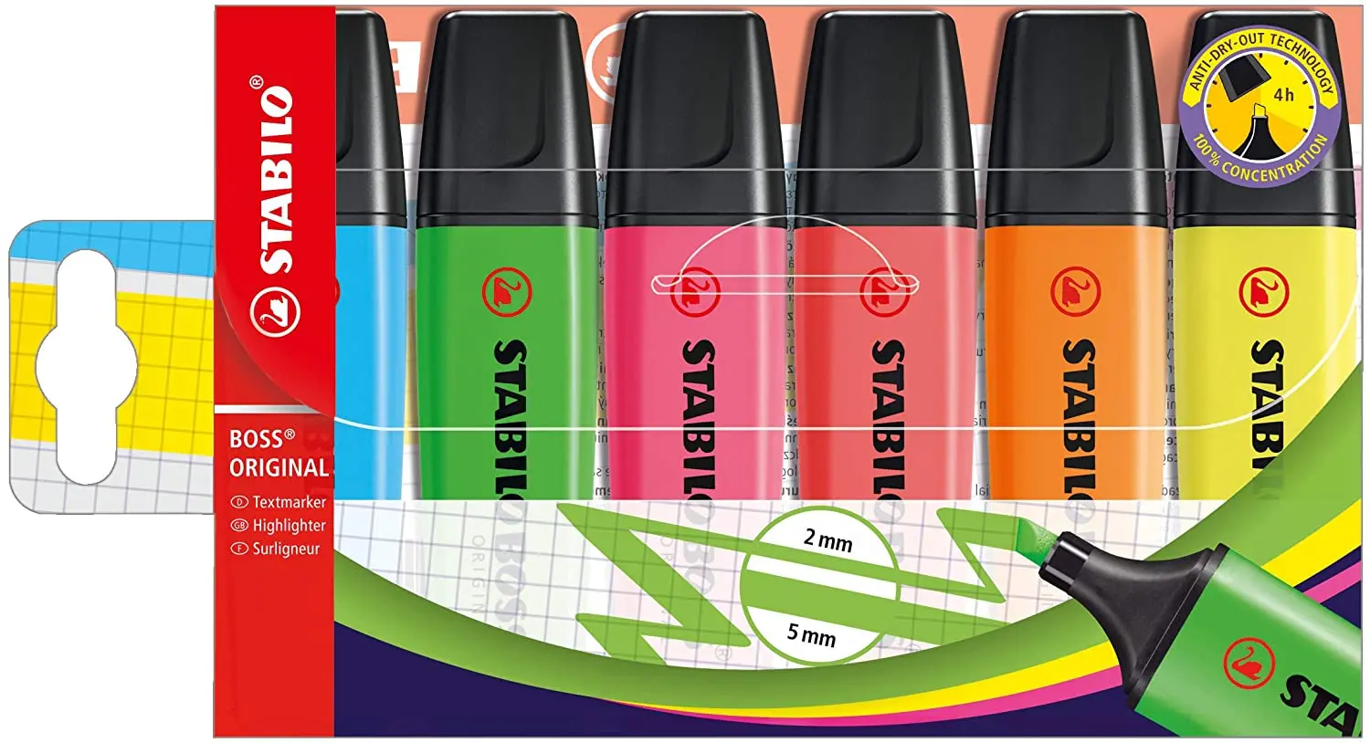 Stabilo Boss 70 Pack de 6 Marcadores Fluorescentes - Trazo entre 2 y 5mm - Recargable - Tinta con Ba