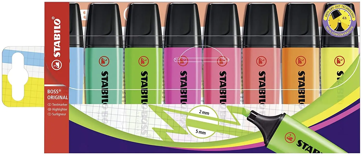 Stabilo Boss 70 Pack de 8 Marcadores Fluorescentes - Trazo entre 2 y 5mm - Recargable - Tinta con Ba