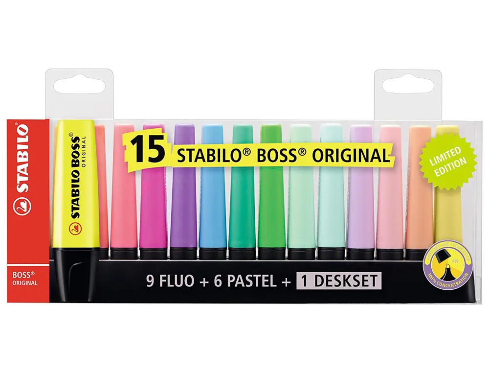 Stabilo Boss 70 Pack de 15 Marcadores Fluorescente - Trazo entre 2 y 5mm - Recargable - Tinta con Ba