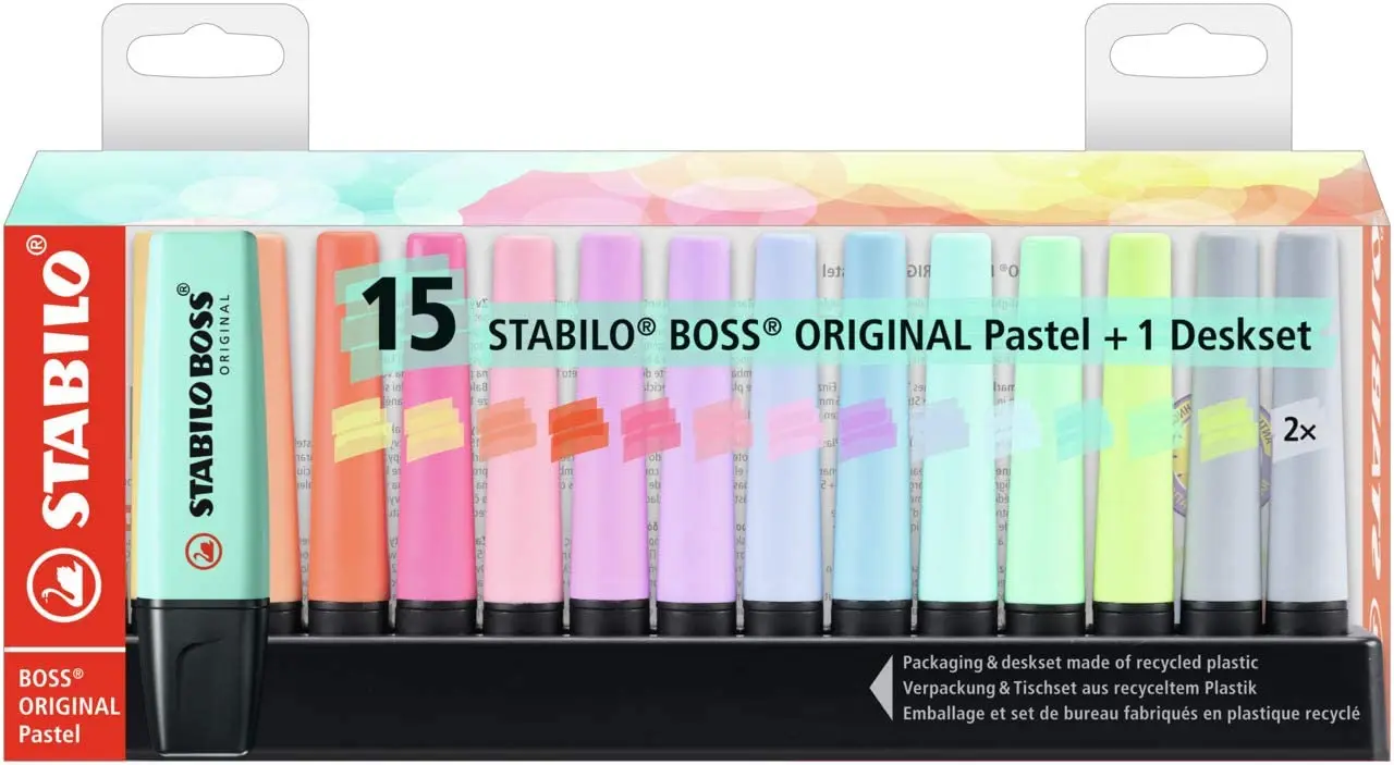 Stabilo Boss 70 Pastel Pack de 15 Marcadores Fluorescentes - Trazo entre 2 y 5mm - Recargable - Tint