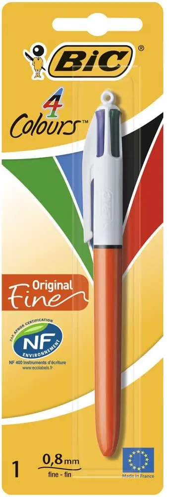 Bic 4 Colours Original Fine Boligrafo de Bola Retractil - Punta Fina de 0.8mm - Tinta con Base de Ac