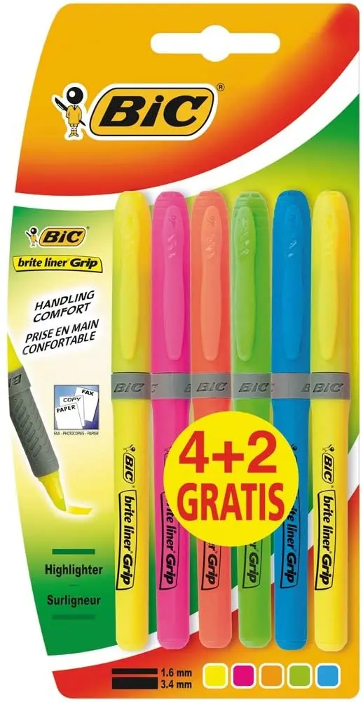 Bic Brit Liner Grip 4+2 Pack de 6 Marcadores Fluorescentes - Tinta con Base de Agua - Punta Biselada