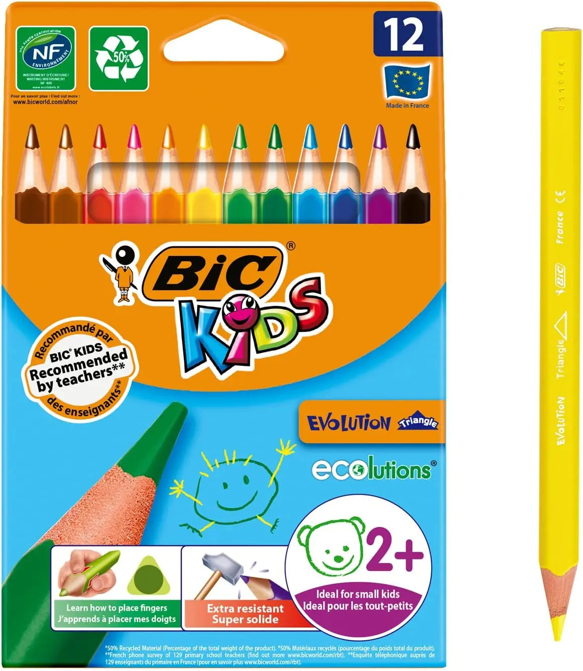 Bic Kids Evolution Triangle Pack de 12 Lapices de Colores Triangulares - Punta Ultraresistente - Sin