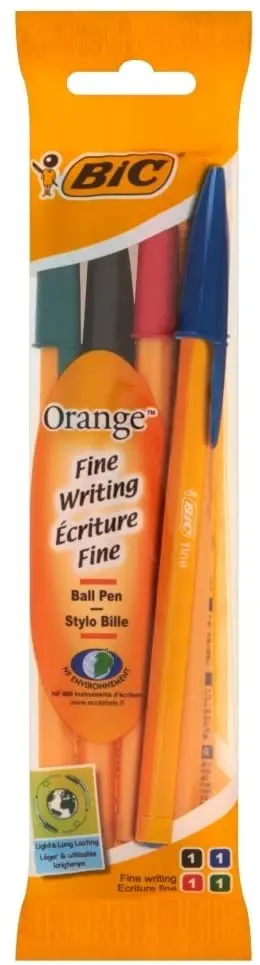 Bic Orange Original Fine Pack de 4 Boligrafos de Bola - Punta Redonda de 0.8mm - Trazo de 0.3mm - Ti